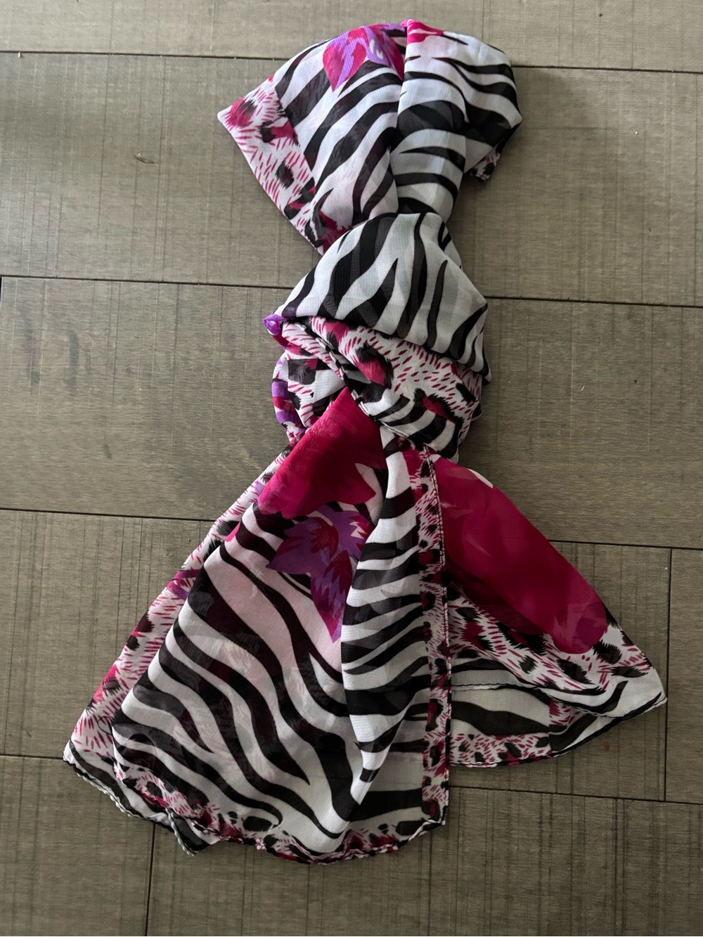 🔥BOGO🔥- Y2K Sheer Zebra Print Pink Floral Lightweight Scarf
